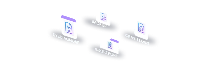 Icons labeled Sysdiagnose, Backup, Crash Logs, and Bugreport on a black background.