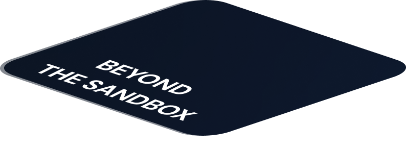 Dark diamond-shaped tile with white text 'BEYOND THE SANDBOX' angled diagonally.