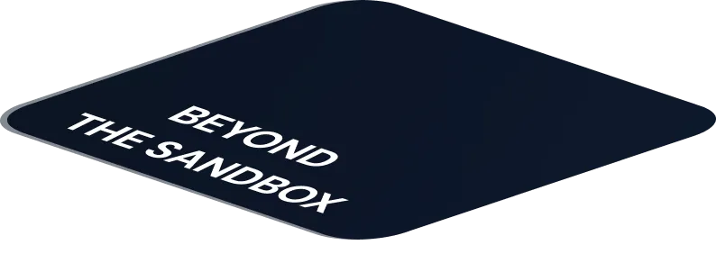 Dark diamond-shaped tile with white text 'BEYOND THE SANDBOX' angled diagonally.