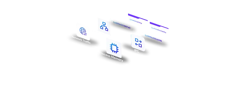 Diagram showing Network Traffic, Process Memory, File System, and IPC connected to addresses in memory.