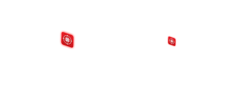 Black gaming controller with red buttons showing a target and a globe icon.