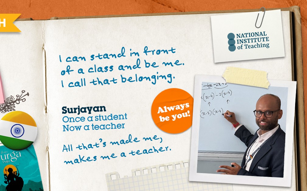 Now Teach marketing image featuring Surjayan, a career-changer.