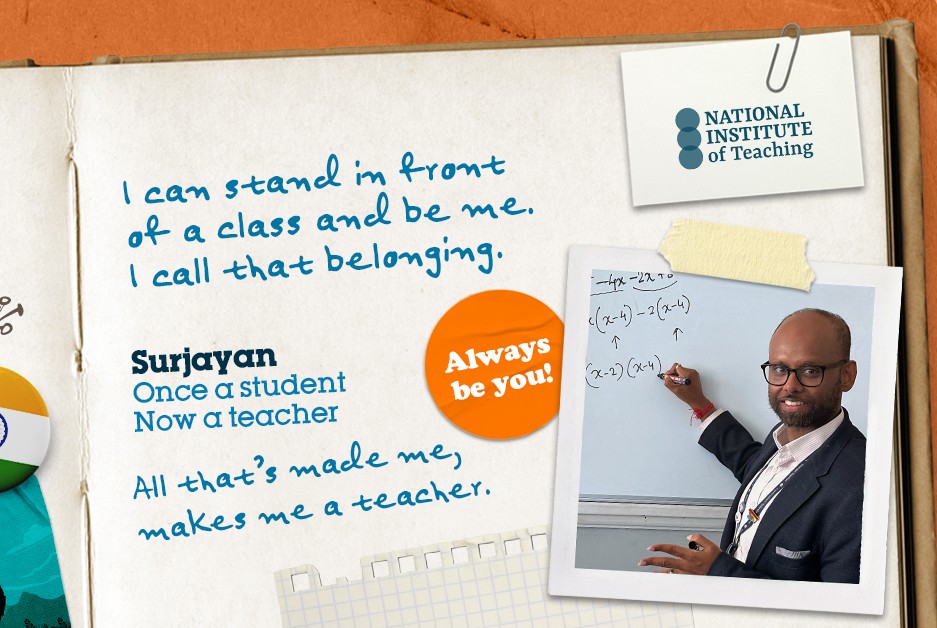 Now Teach marketing image featuring Surjayan, a career-changer.