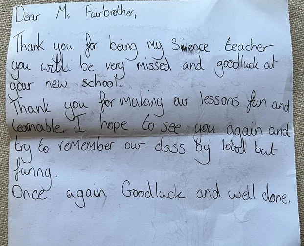 Handwritten thank-you letter from a pupil to Ms Fairbrother praising her science teaching and wishing her well.