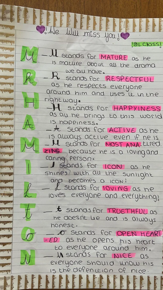 Handwritten letter from a pupil reading 'We will miss you' with acrostic poem spelling out M-R-H-A-M-I-L-T-O-N.