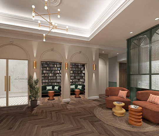 Reception lobby space at Hotel Lepoussin in Cannes, designed to work in complete serenity.