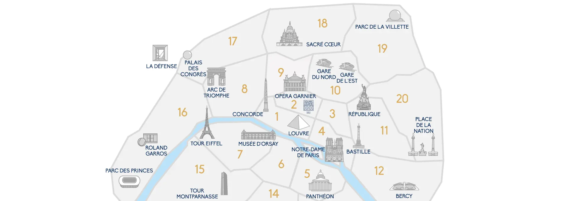 Map of the city of Paris and its main monuments with the location of the Hotel Square Louvois