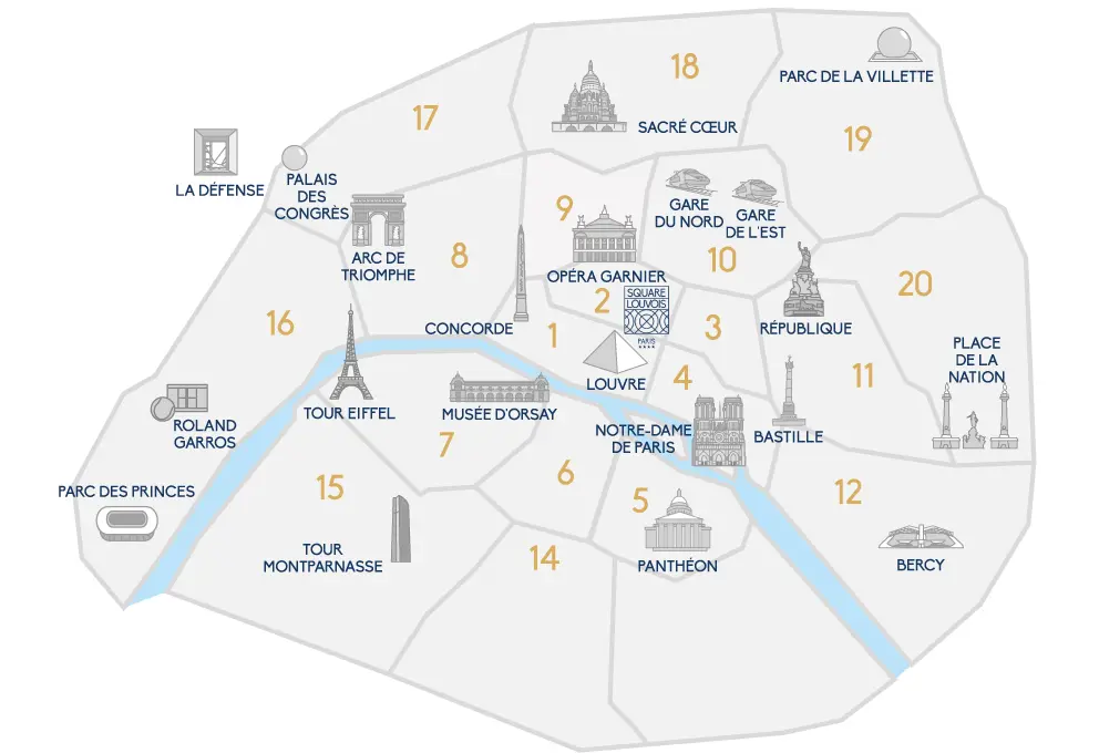Map of the city of Paris and its main monuments with the location of the Hotel Square Louvois