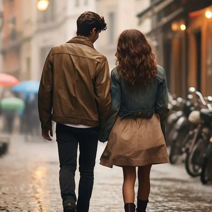 Vue d’un couple marchant dans une rue parisienne animée