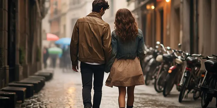 Vue d’un couple marchant dans une rue parisienne animée