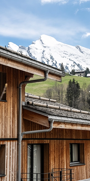 Facade of St-Alban with the snowy mountain in the background