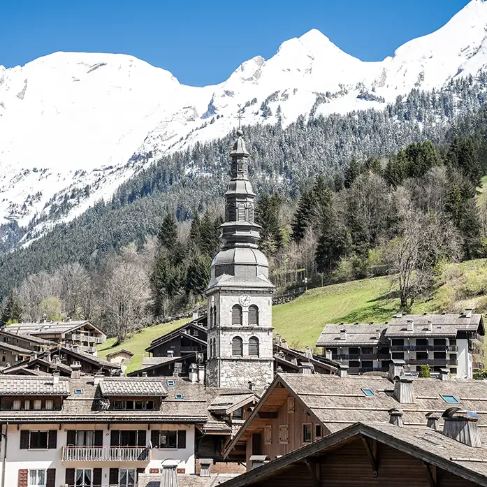 View of the village of La Clusaz and its church