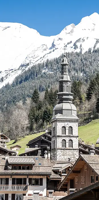 View of the village of La Clusaz and its church
