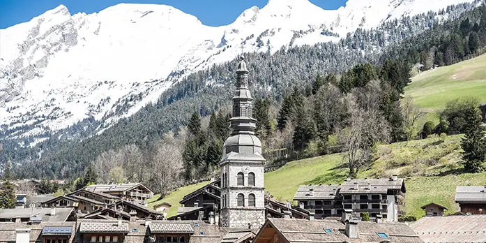 View of the village of La Clusaz and its church