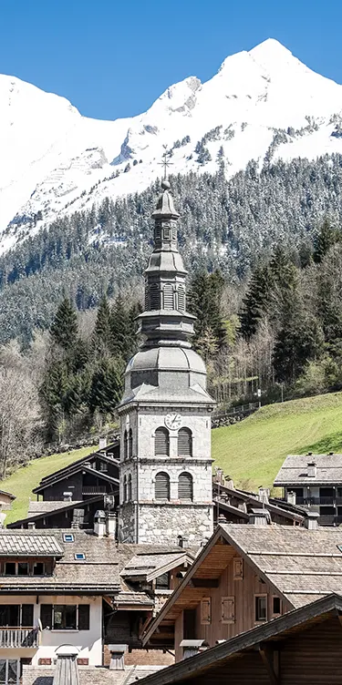 View of the village of La Clusaz and its church