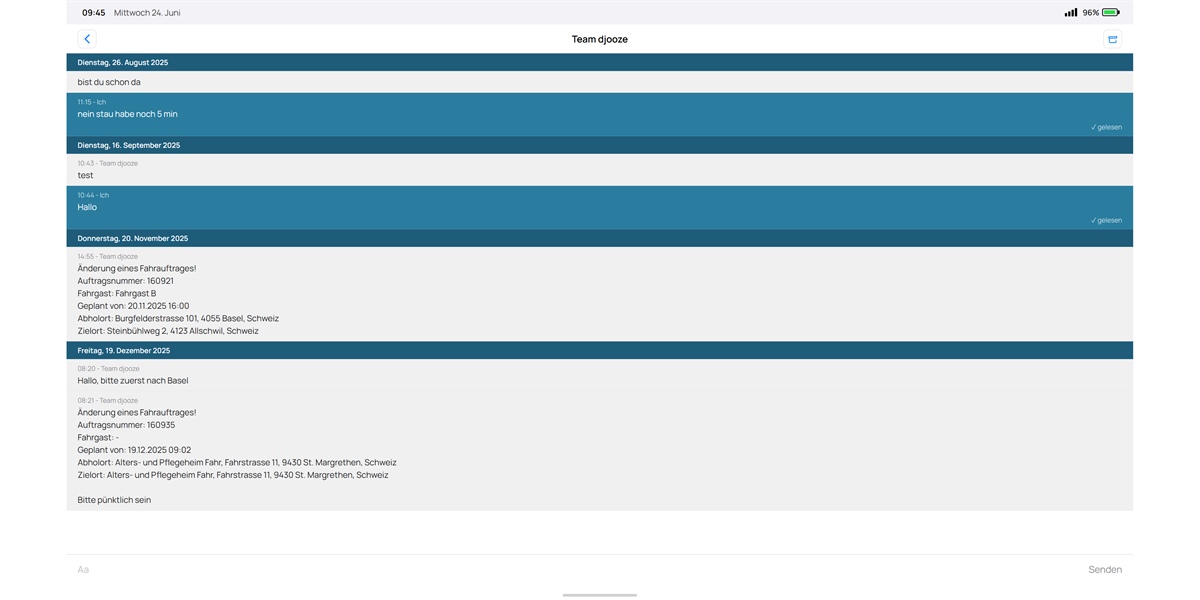 Chat mit der Disposition in der djooze.dispo Fahrer-App