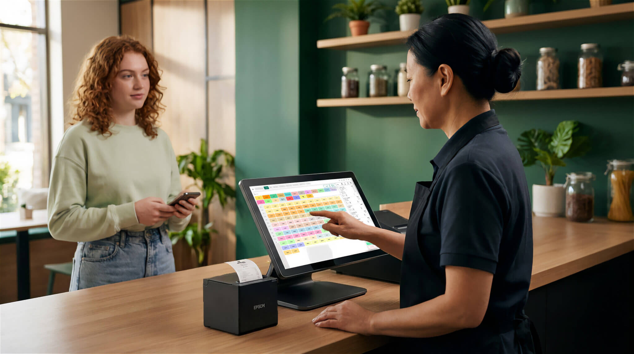 Eine Gastronomin bedient ein SIDES Kassensystem mit Touchscreen, während eine Kundin mit lockigem Haar am Tresen wartet und ein Smartphone in der Hand hält. Die Inneneinrichtung des Cafés besteht aus grünen Wänden, Regalen und Topfpflanzen.