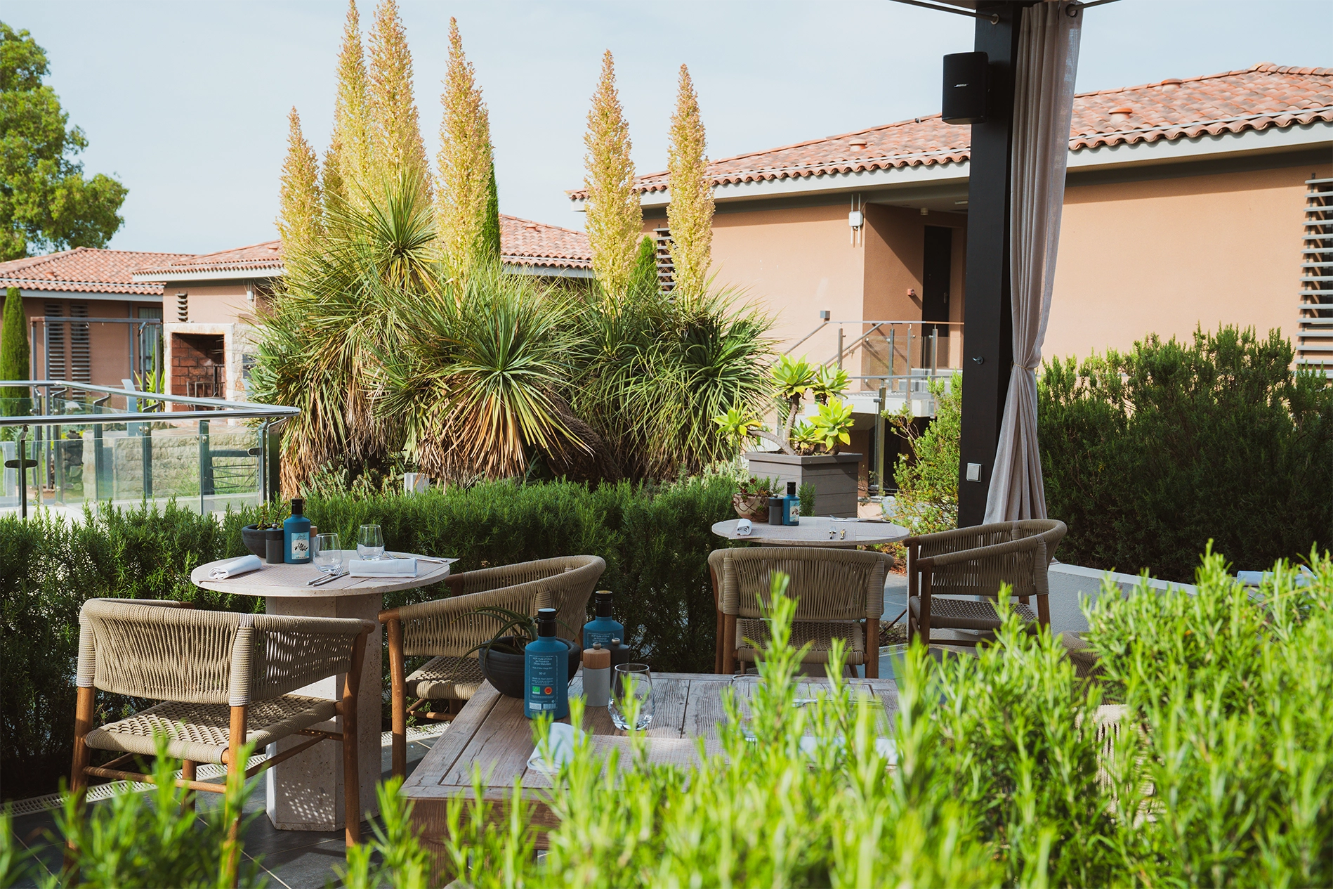 Terrasse extérieure avec tables et chaises en bois entourées de plantes vertes et bâtiments en arrière-plan.