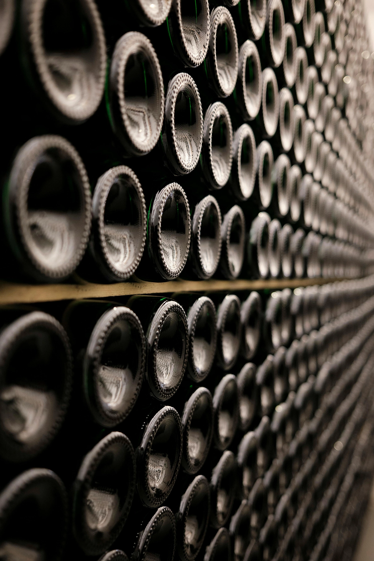 Alignement de bouteilles de vin en cours de vieillissement dans une cave souterraine fraîche à Saint-Tropez.
