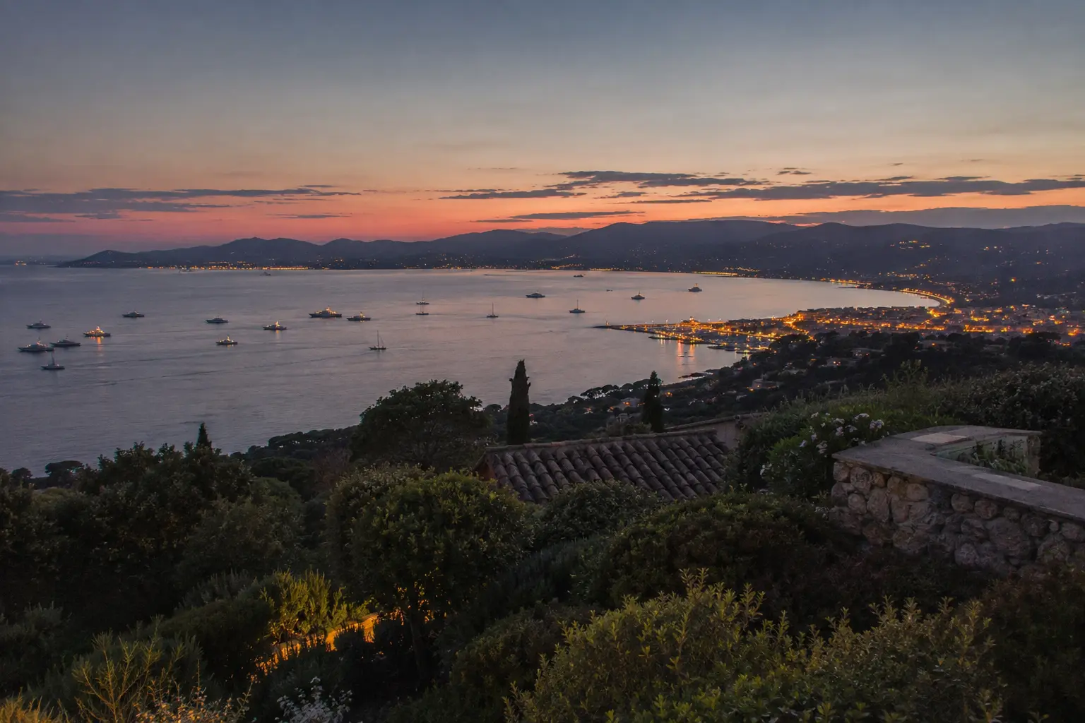 View over the Gulf of Saint-Tropez from the Gassin heights at dusk