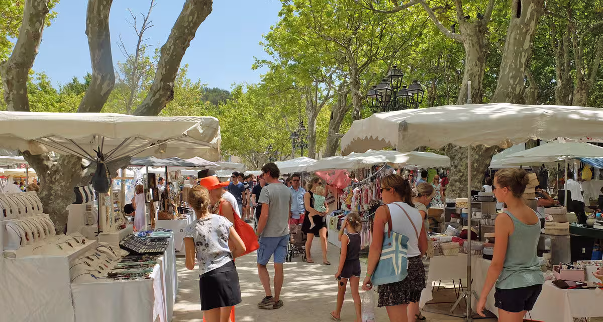 The stalls of the Provencal market on the Place des Lices, under the plane trees in Saint-Tropez