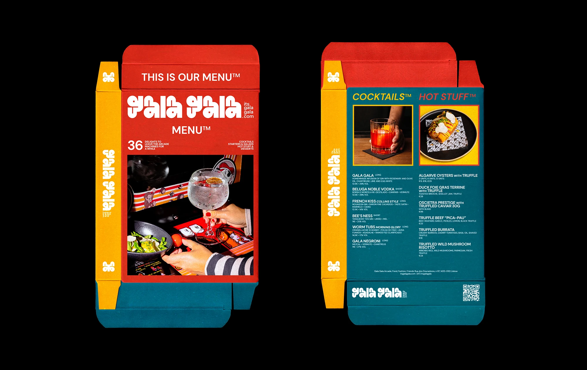 Gala Gala branded menu in red and yellow with cocktail and food listings
