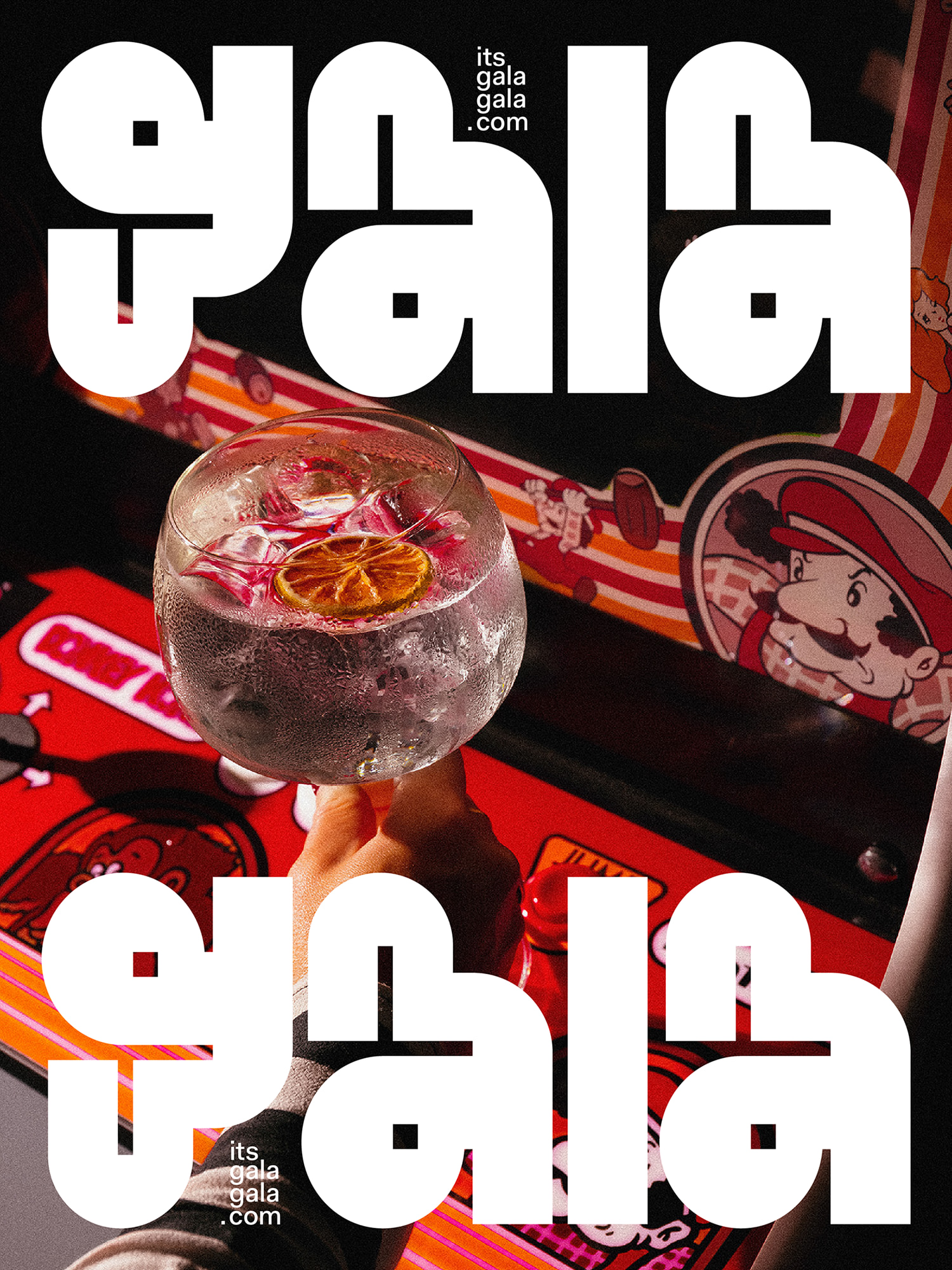Gala Gala branded social media post with cocktail photography on black background
