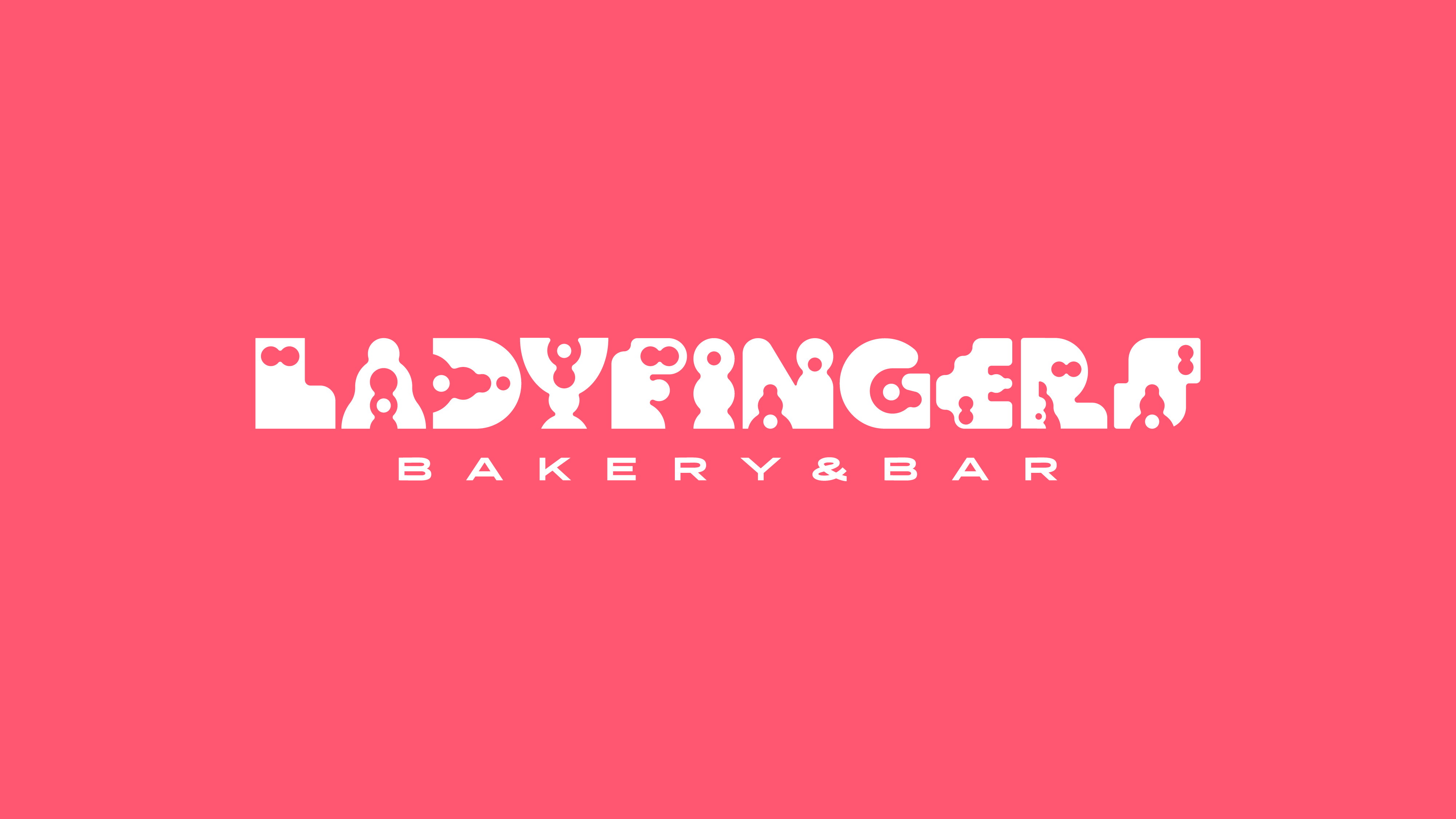 Ladyfingers Bakery and Bar logo in white custom typeface on bright pink background, designed by Miguel Dias