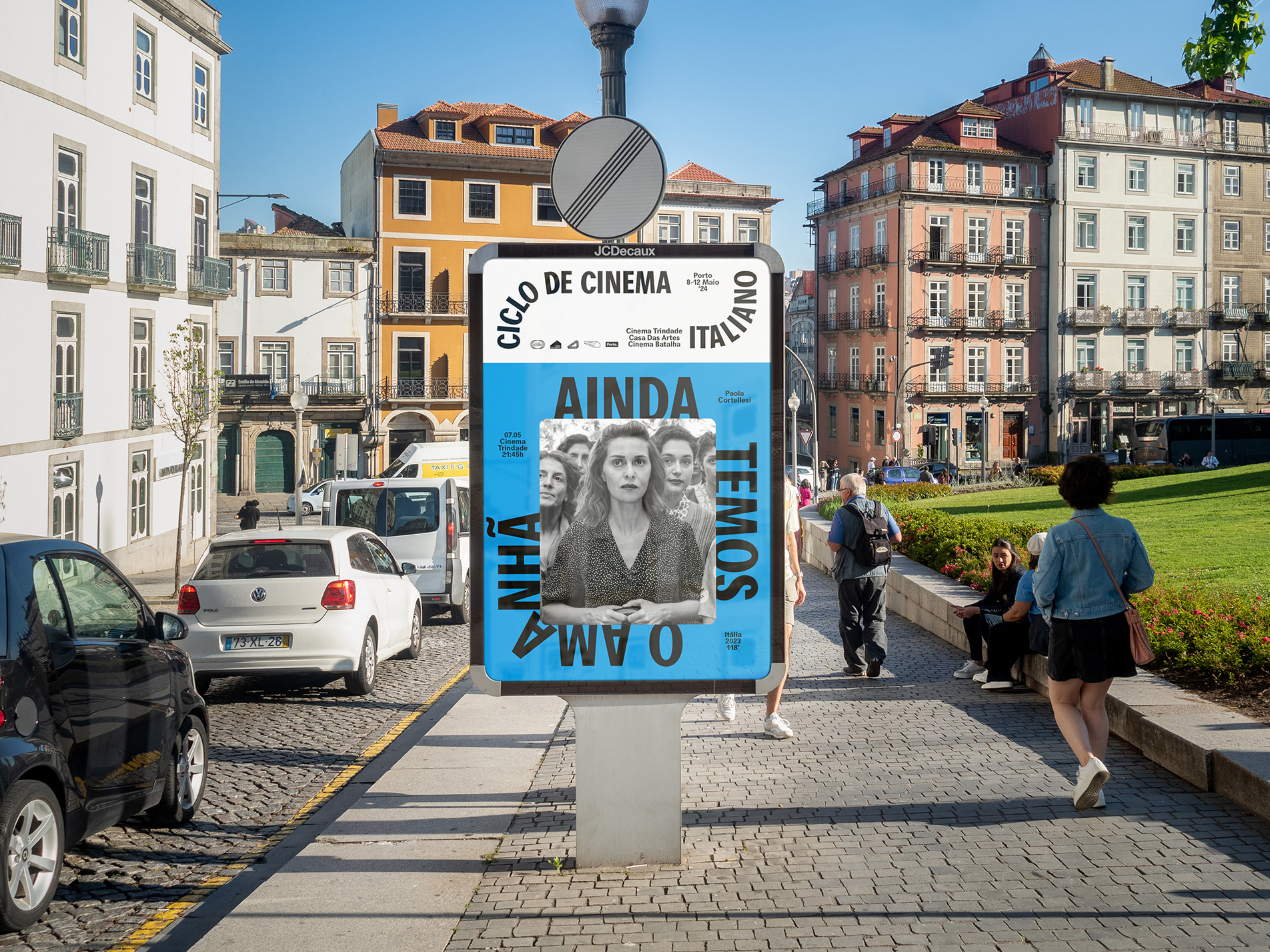 Porto Italian Film Cycle 24 festival poster on a street advertising column in Porto
