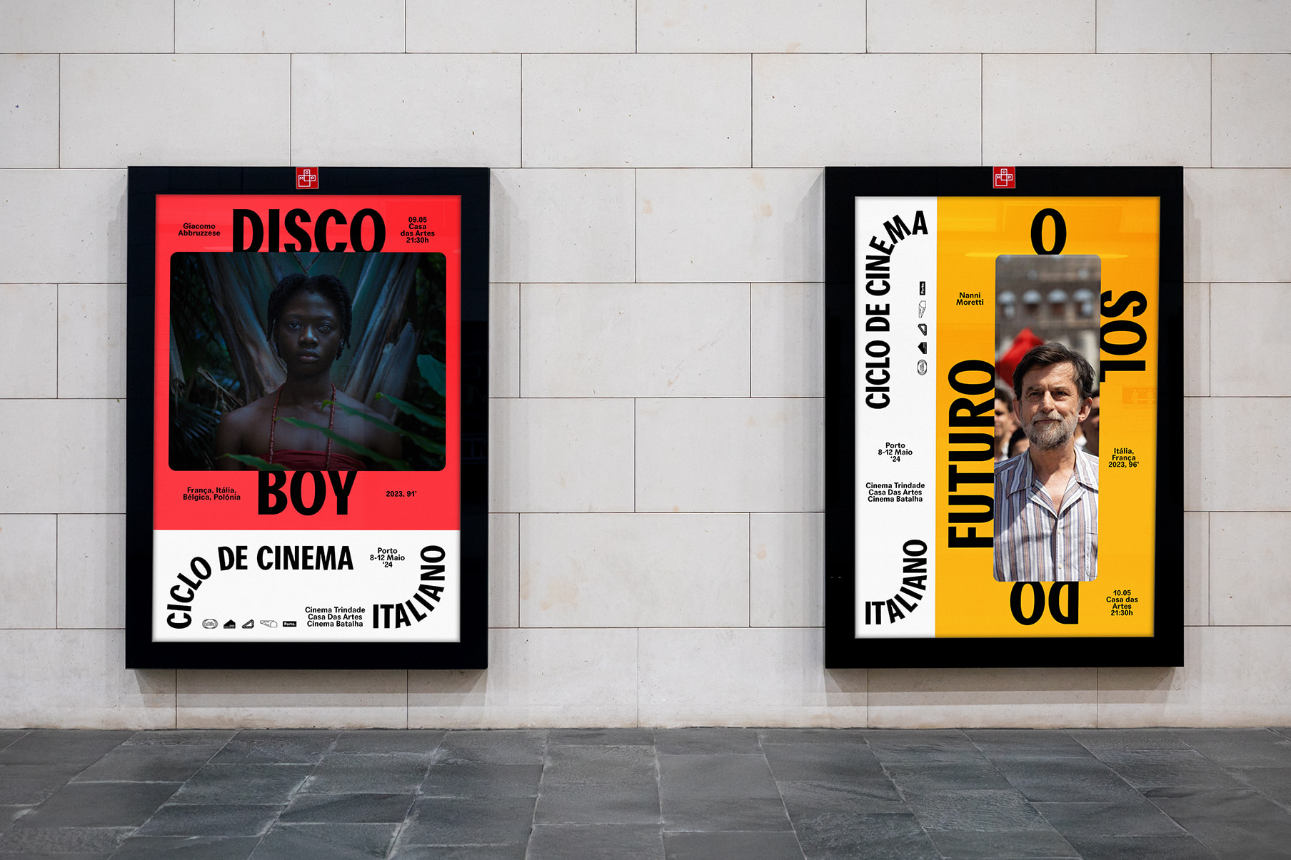 Porto Italian Film Cycle 24 posters for Disco Boy and O Sol do Futuro on a white wall
