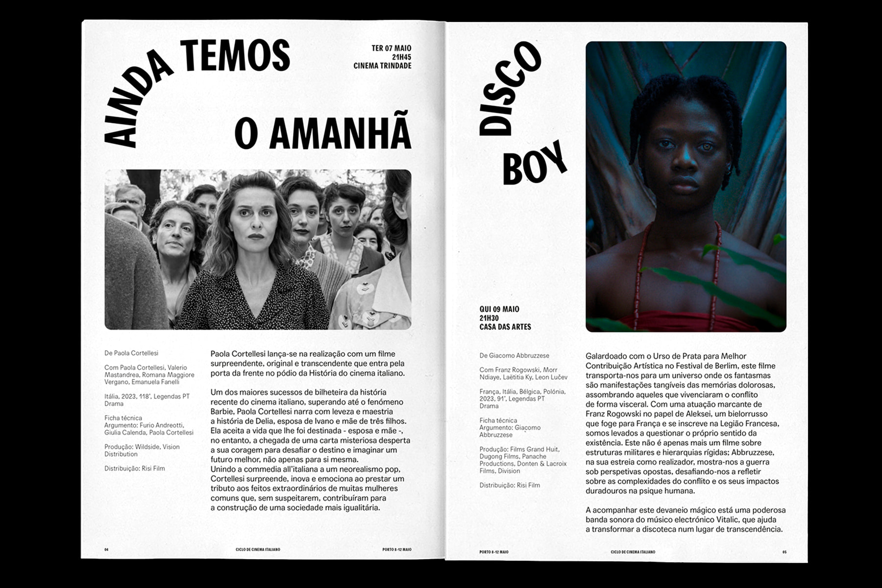 Porto Italian Film Cycle 24 magazine spread with film descriptions for Ainda temos o Amanhã and Disco Boy
