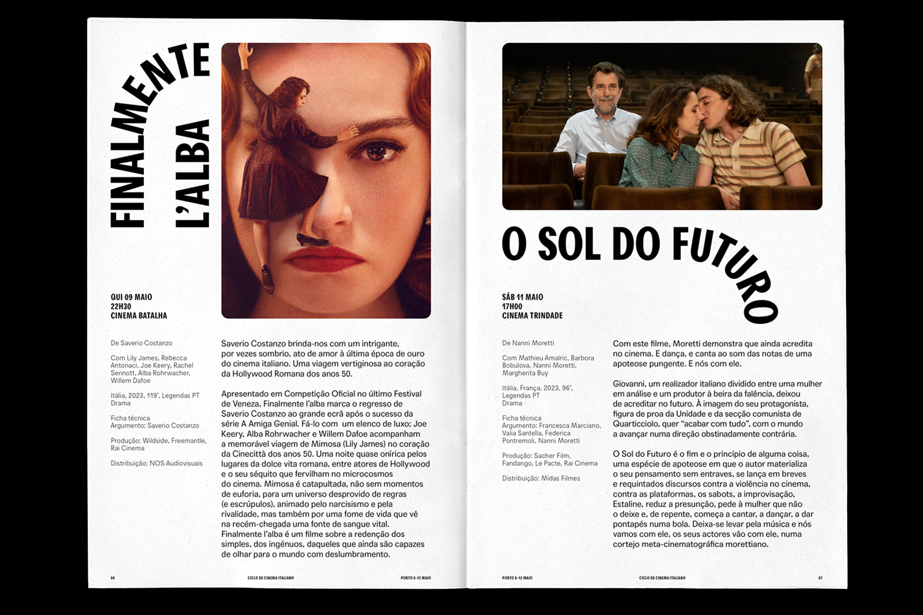 Porto Italian Film Cycle 24 magazine spread with film descriptions for Finalmente L'Alba and O Sol do Futuro
