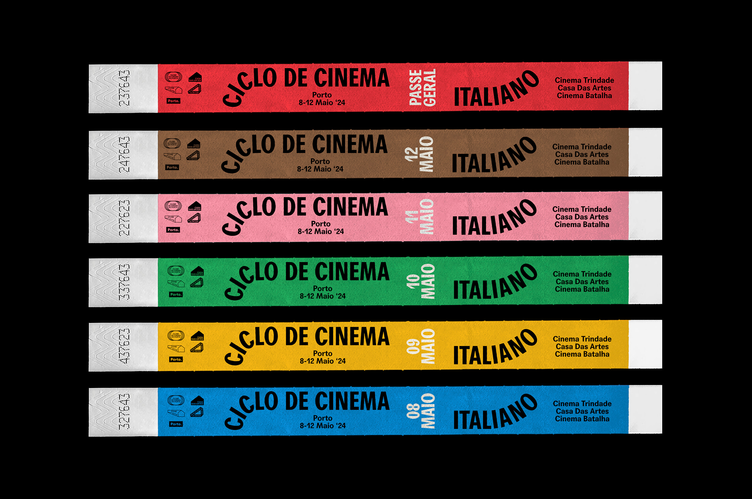 Porto Italian Film Cycle 24 branded entry wristbands in multiple colours, one per day
