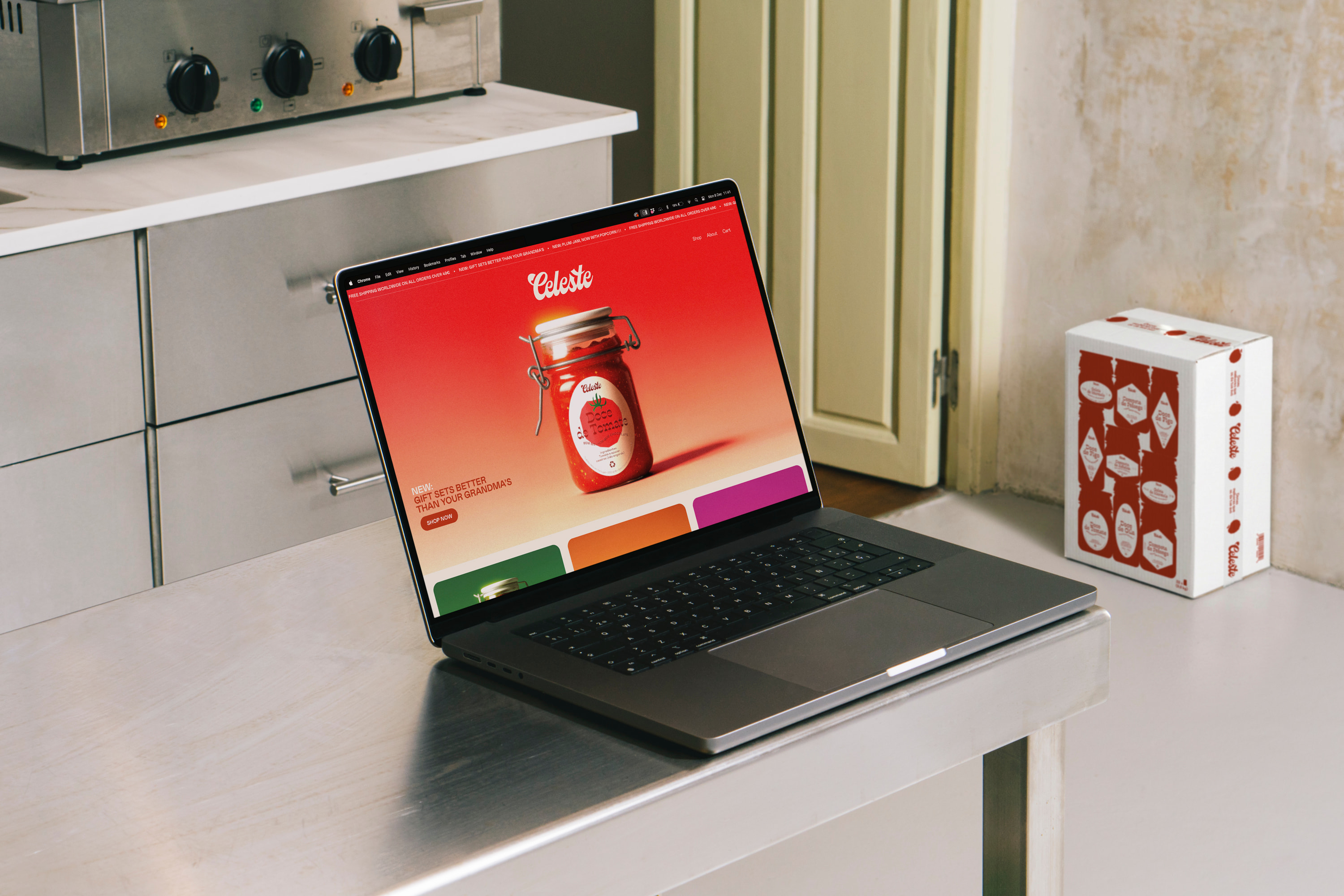 Celeste brand website mockup on laptop and packaging box in a kitchen setting