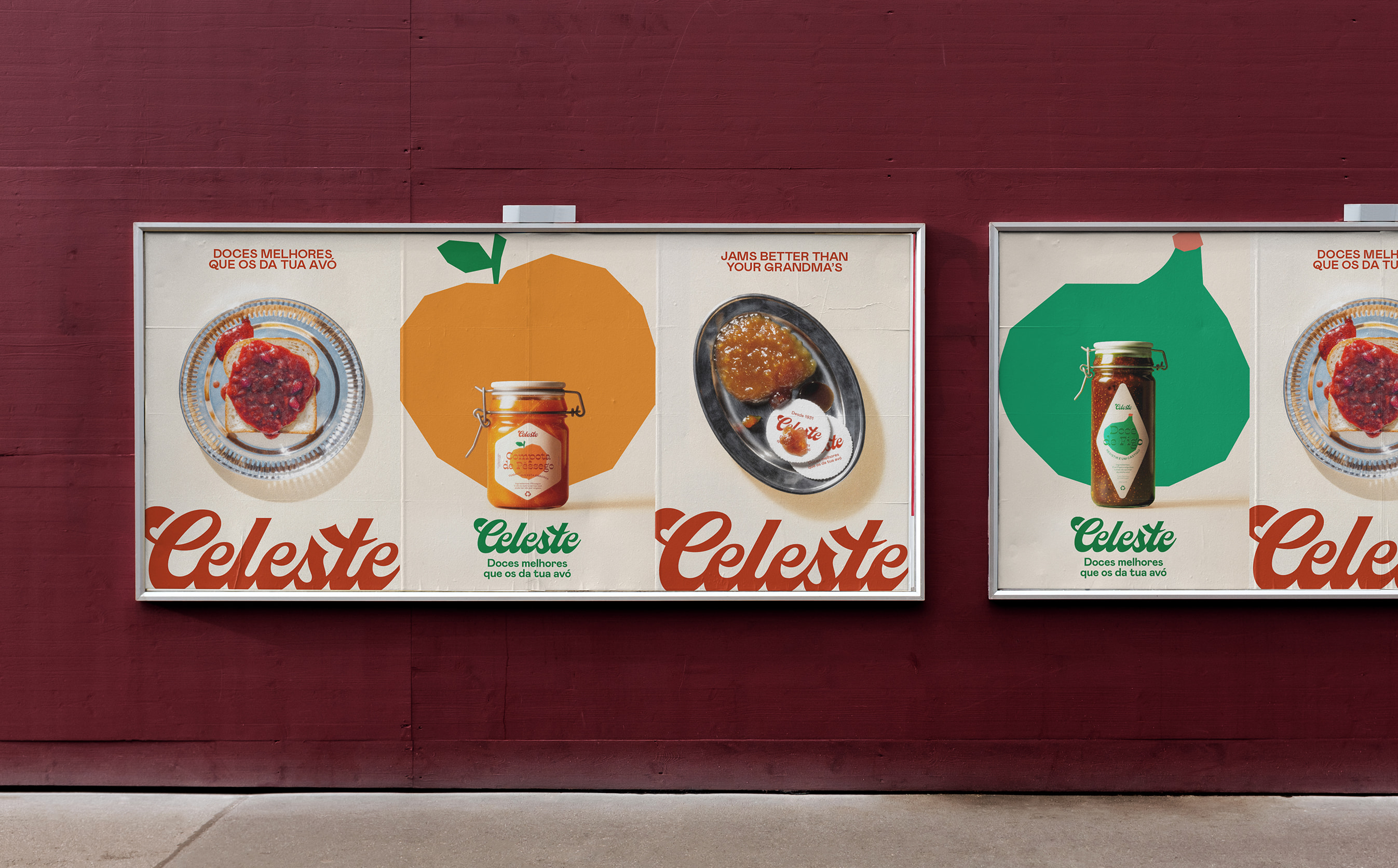 Celeste jam brand outdoor advertising campaign with illustrated posters on a wall