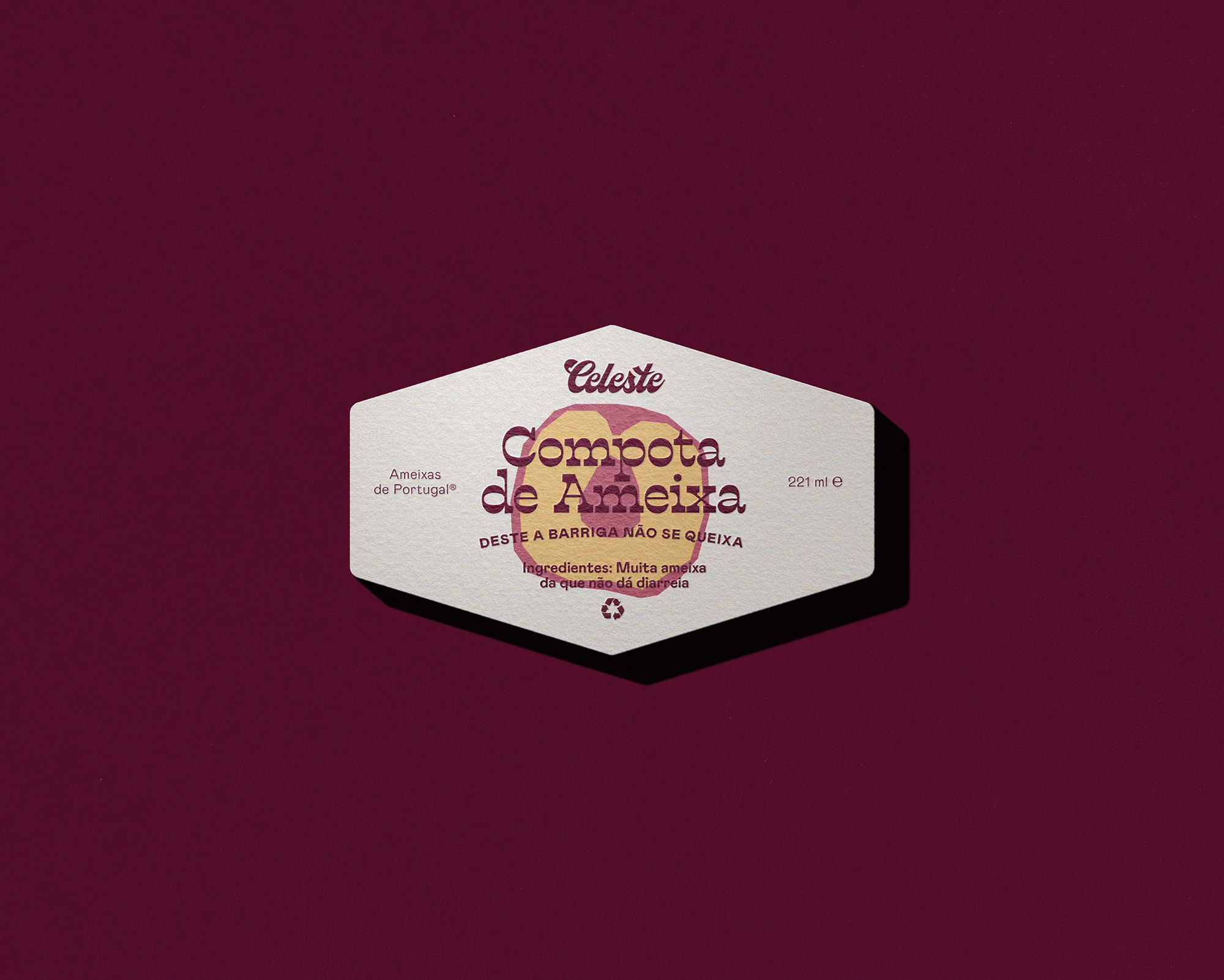 Celeste Compota de Ameixa hexagonal label design with plum illustration on purple background
