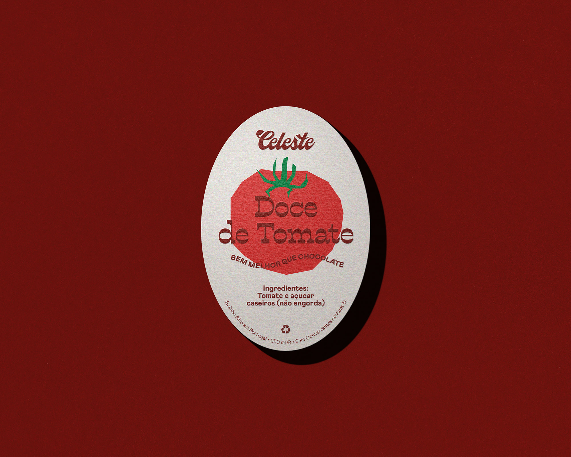 Celeste Doce de Tomate oval label design with tomato illustration on dark red background