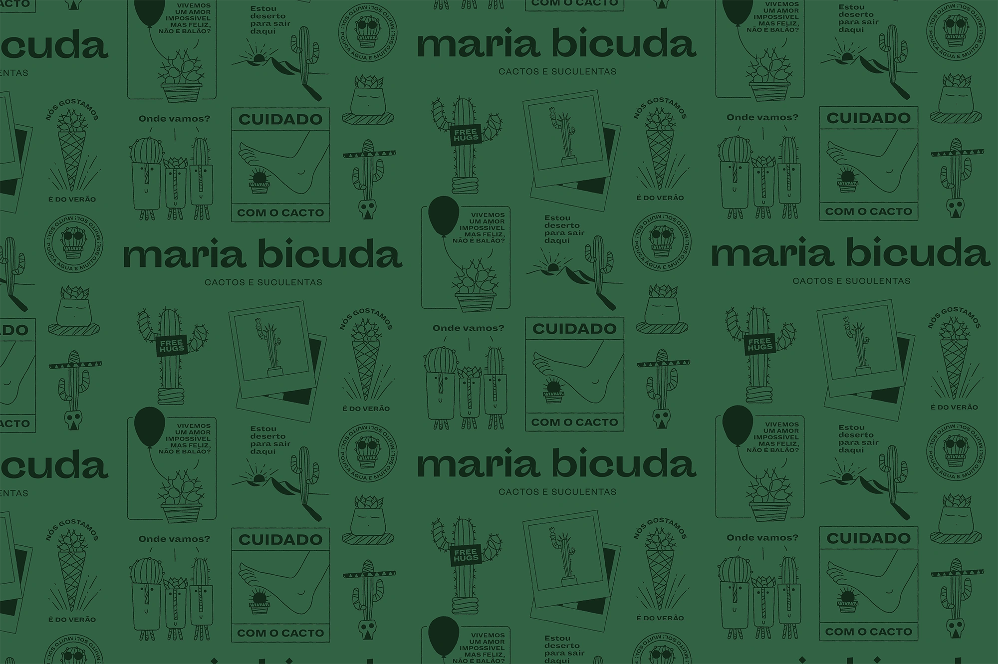 Maria Bicuda brand pattern with hand-drawn cactus and succulent illustrations on dark green background