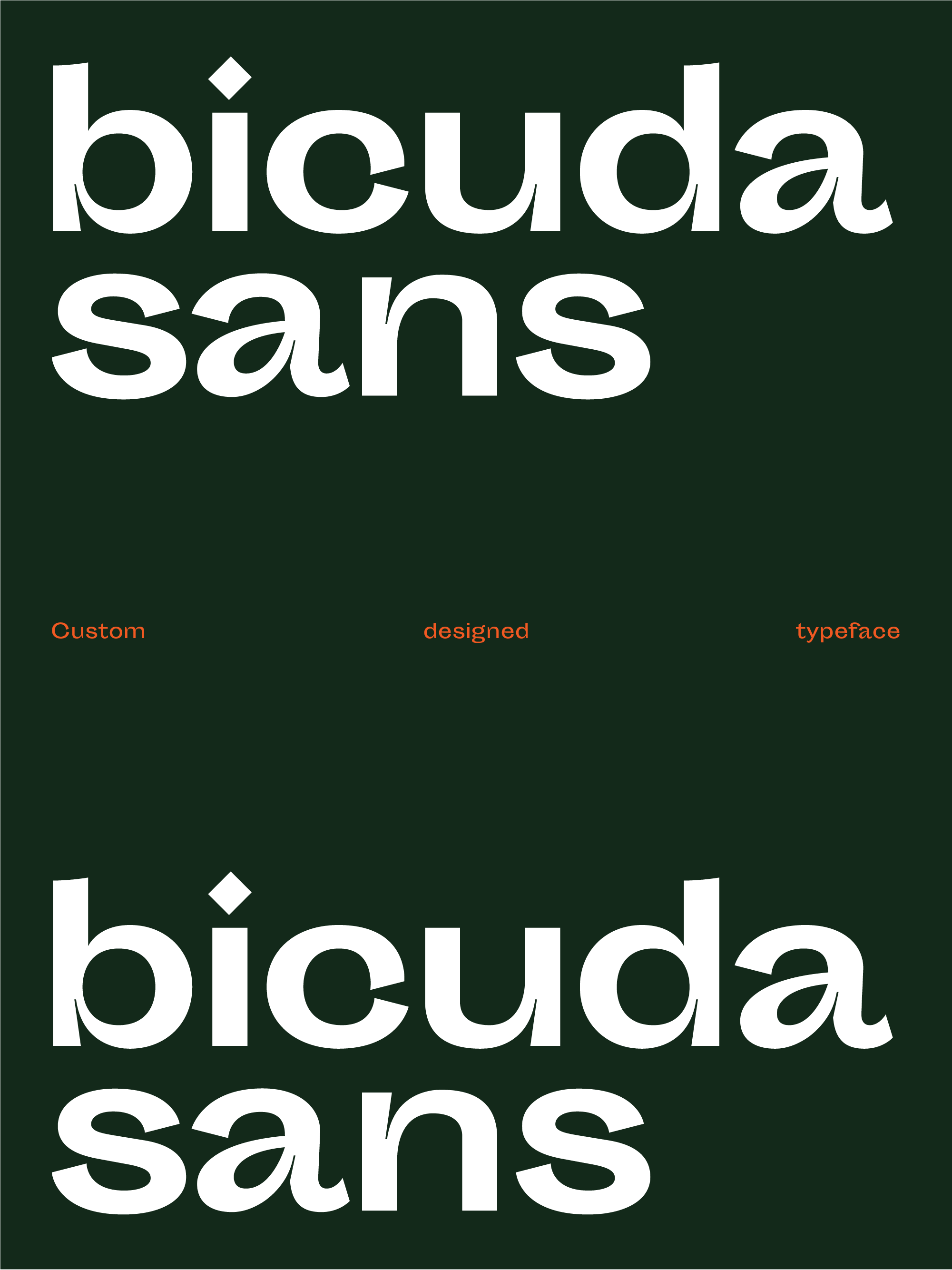 Bicuda Sans custom typeface specimen for Maria Bicuda brand on dark green background