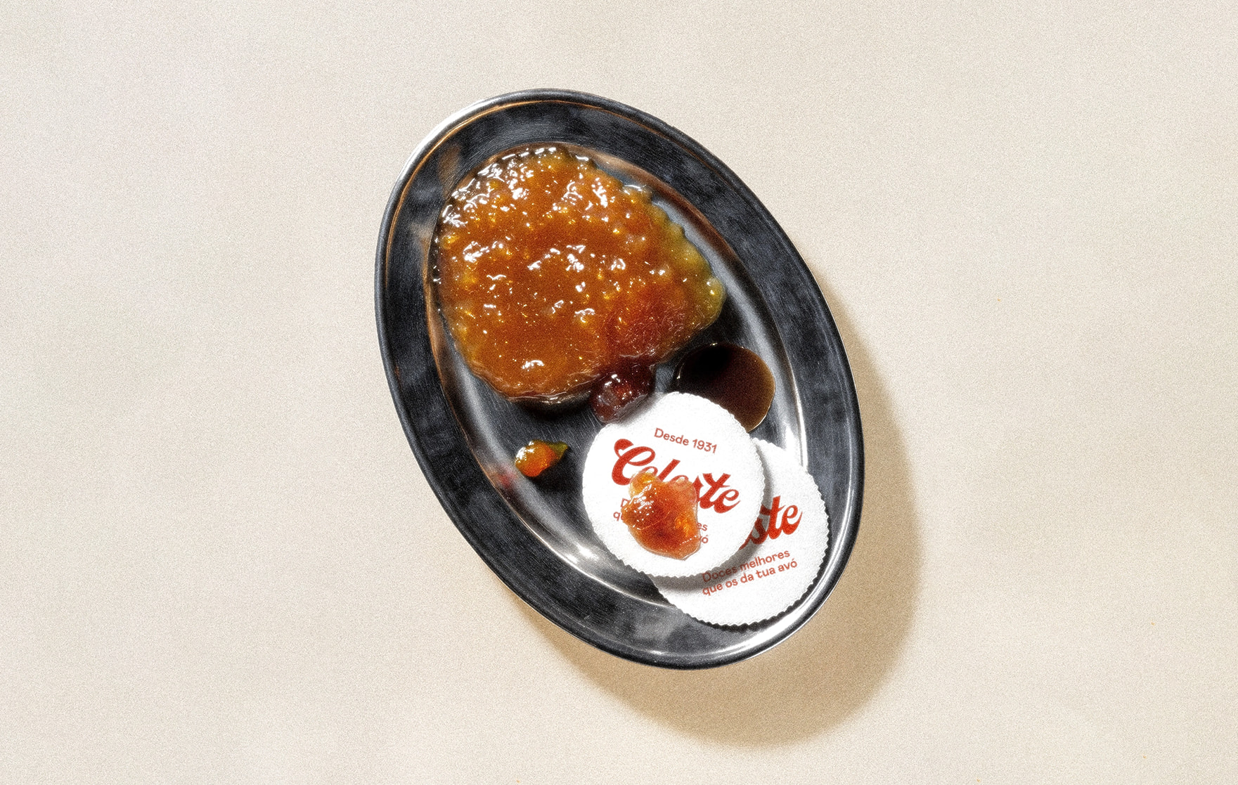 Celeste jam jar and toast on a silver plate, overhead product photography