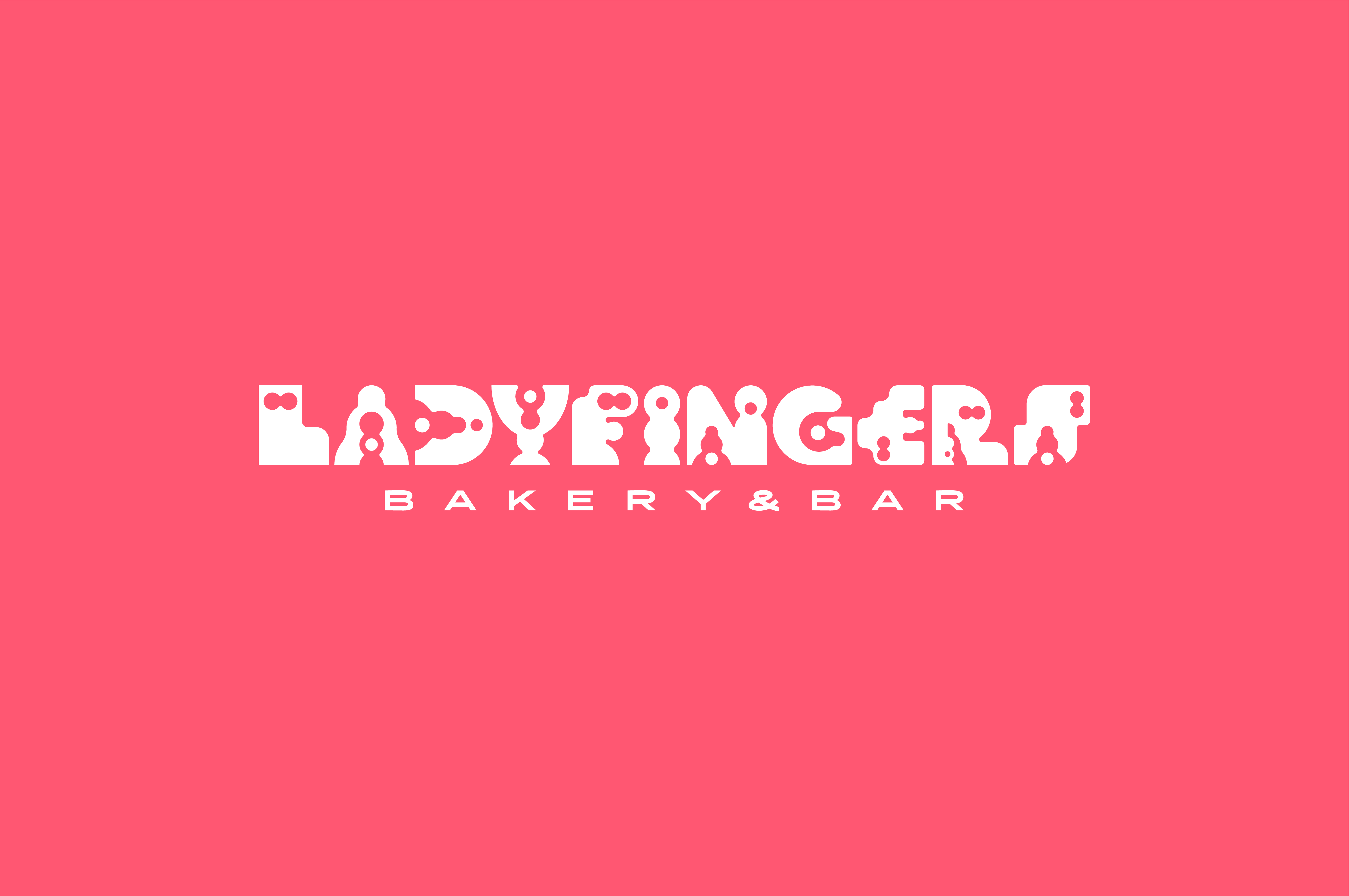 Ladyfingers Bakery and Bar logo in white custom typeface on bright pink background, designed by Miguel Dias