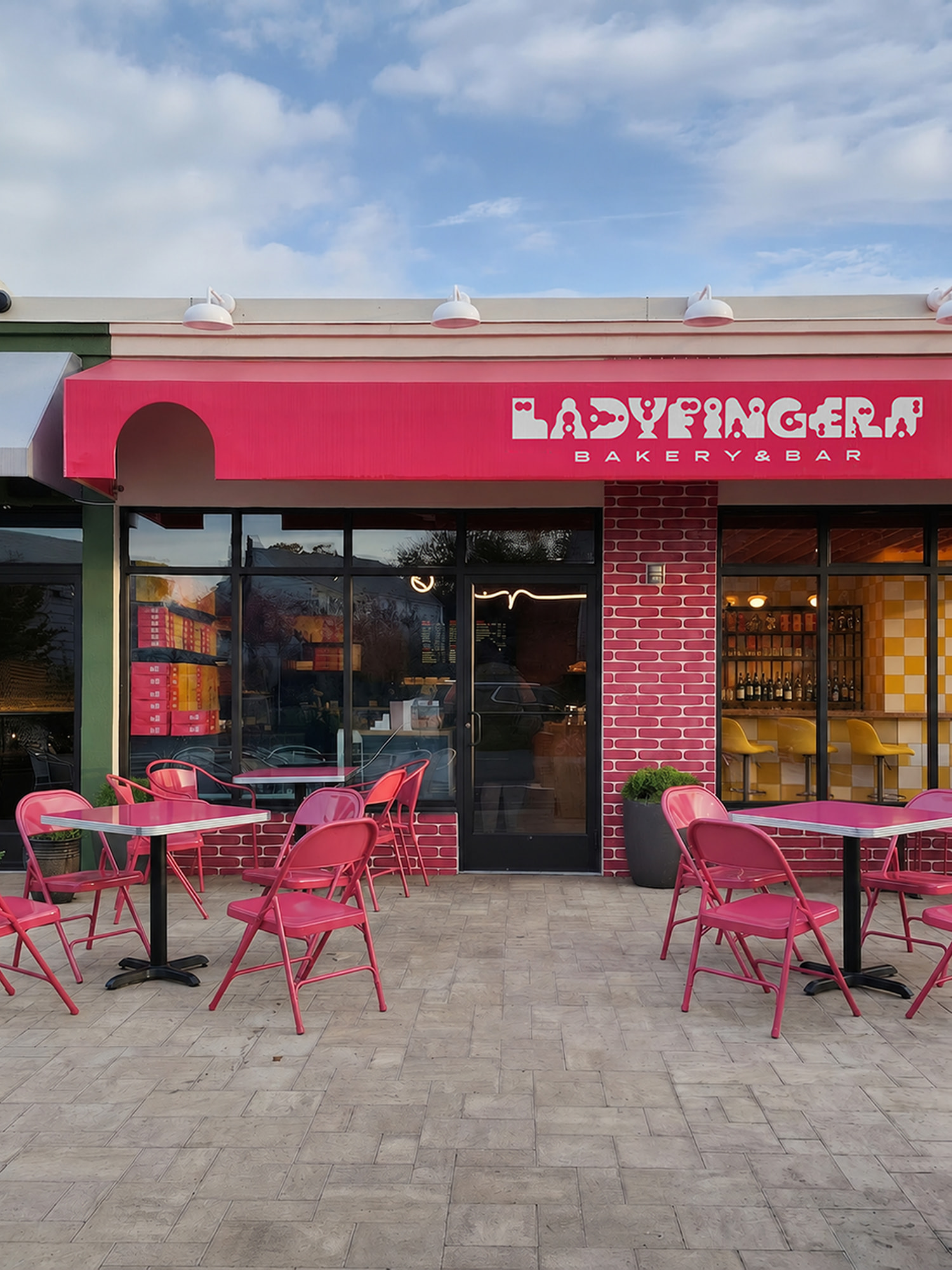 Ladyfingers Bakery and Bar exterior facade with pink signage in New Jersey