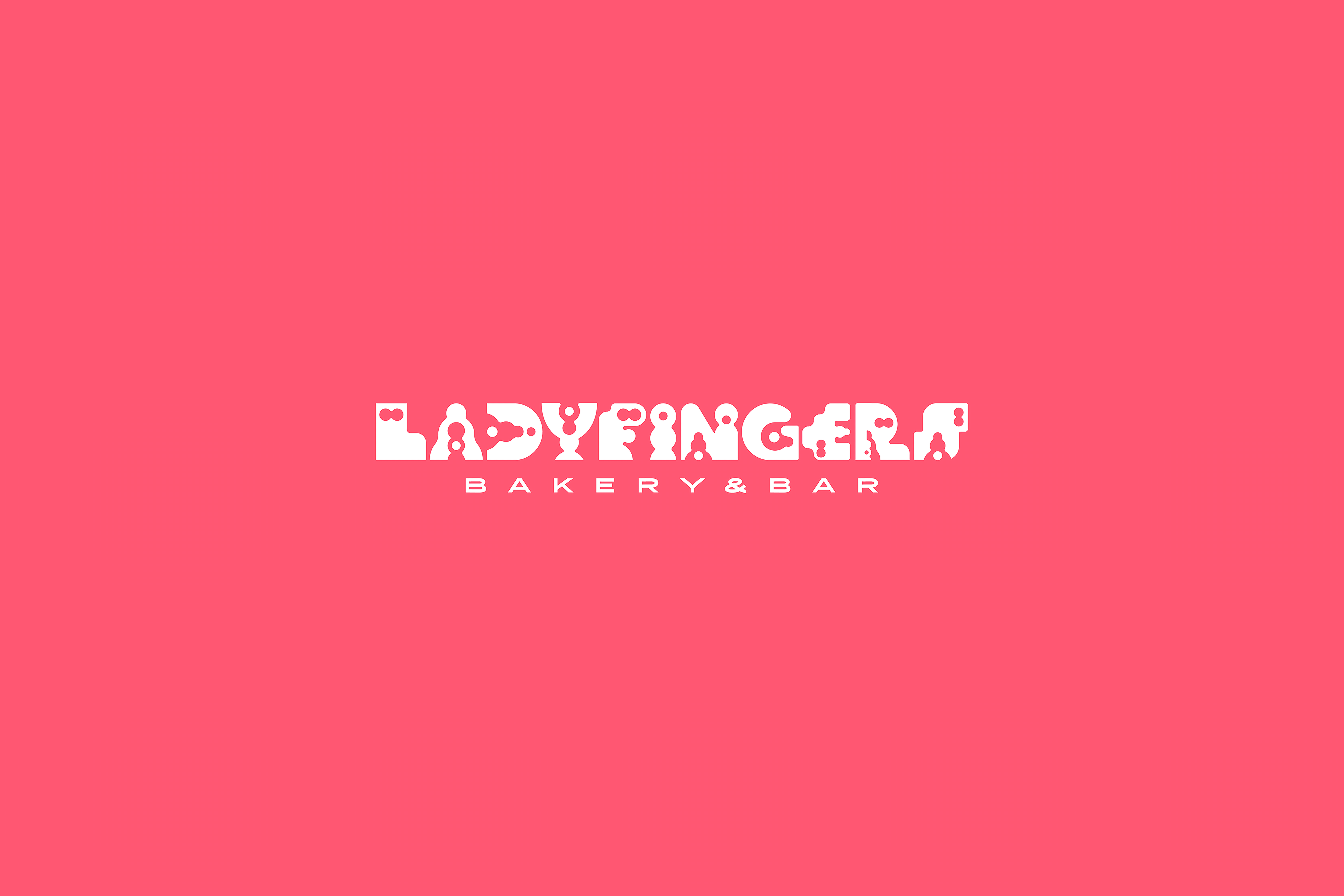Ladyfingers Bakery and Bar logo in white custom typeface on bright pink background, designed by Miguel Dias