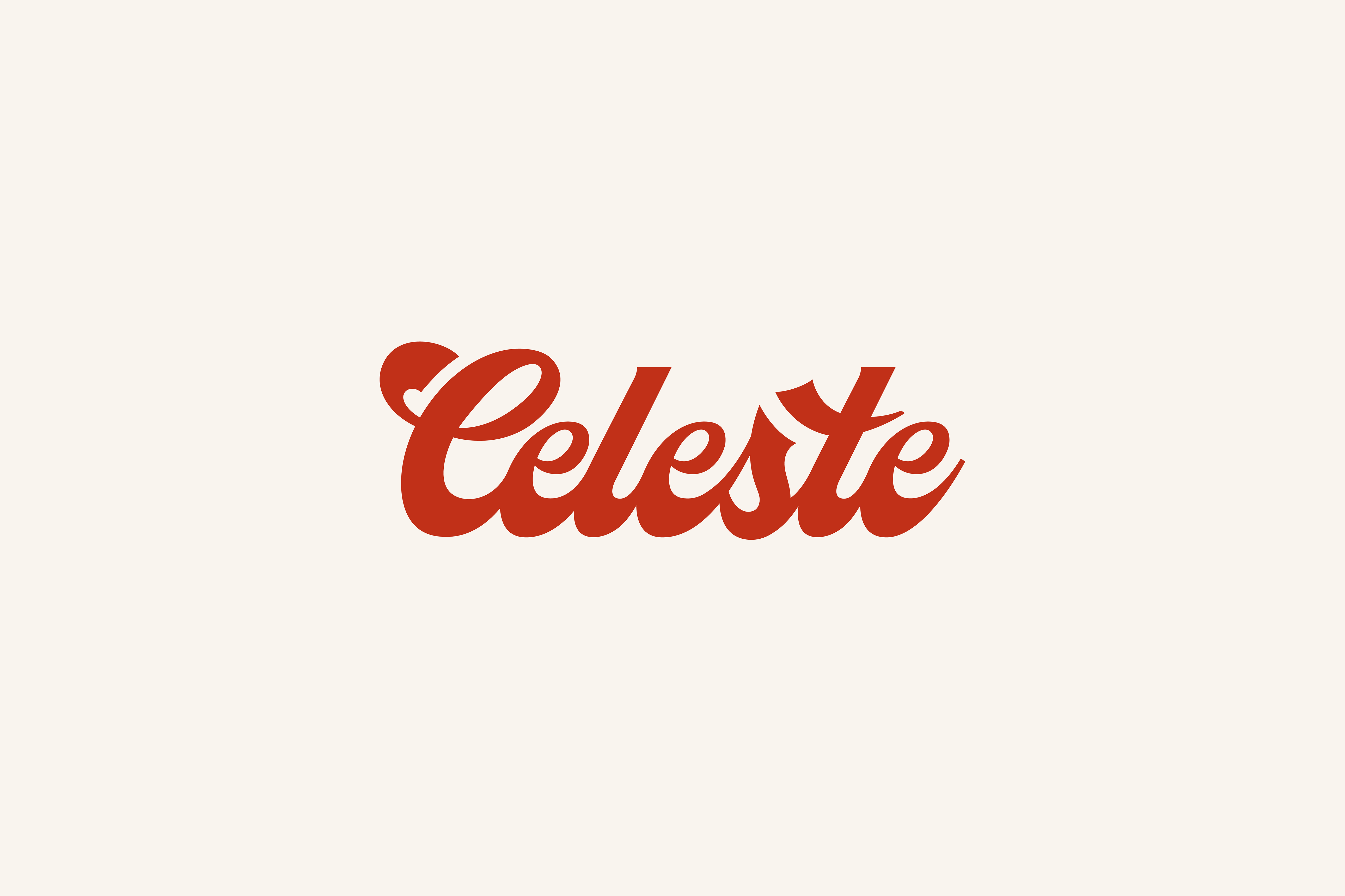 Celeste brand logo in red script lettering on cream background, designed by Miguel Dias