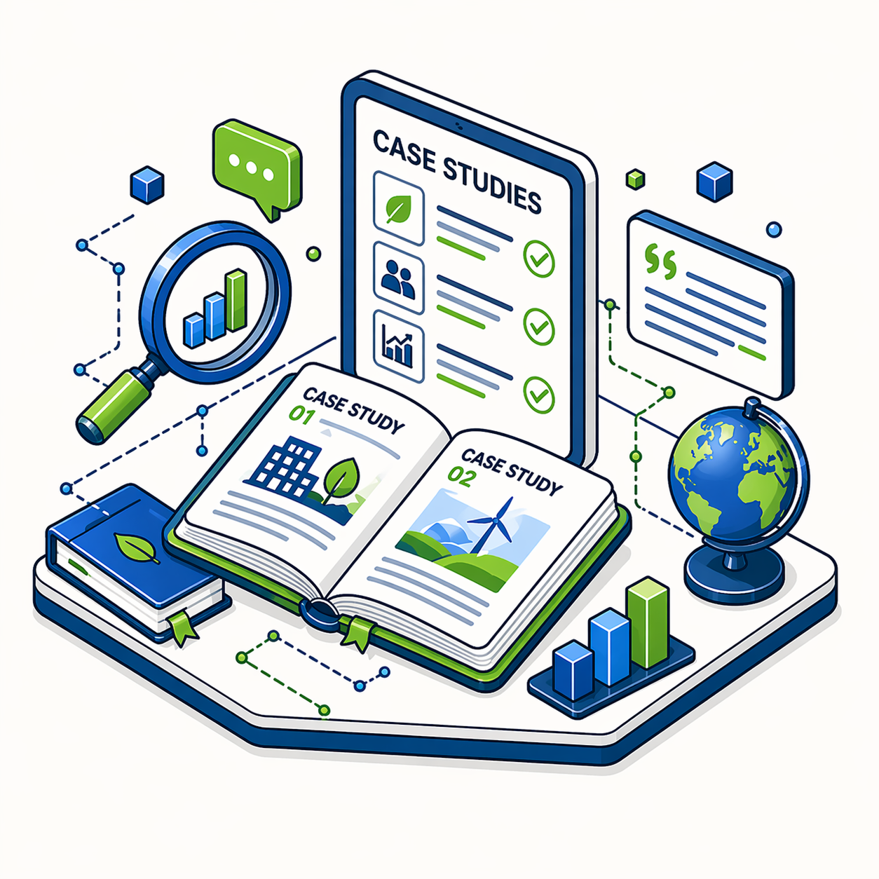 Isometric illustration of a case studies report with charts, open book, globe, and magnifying glass.
