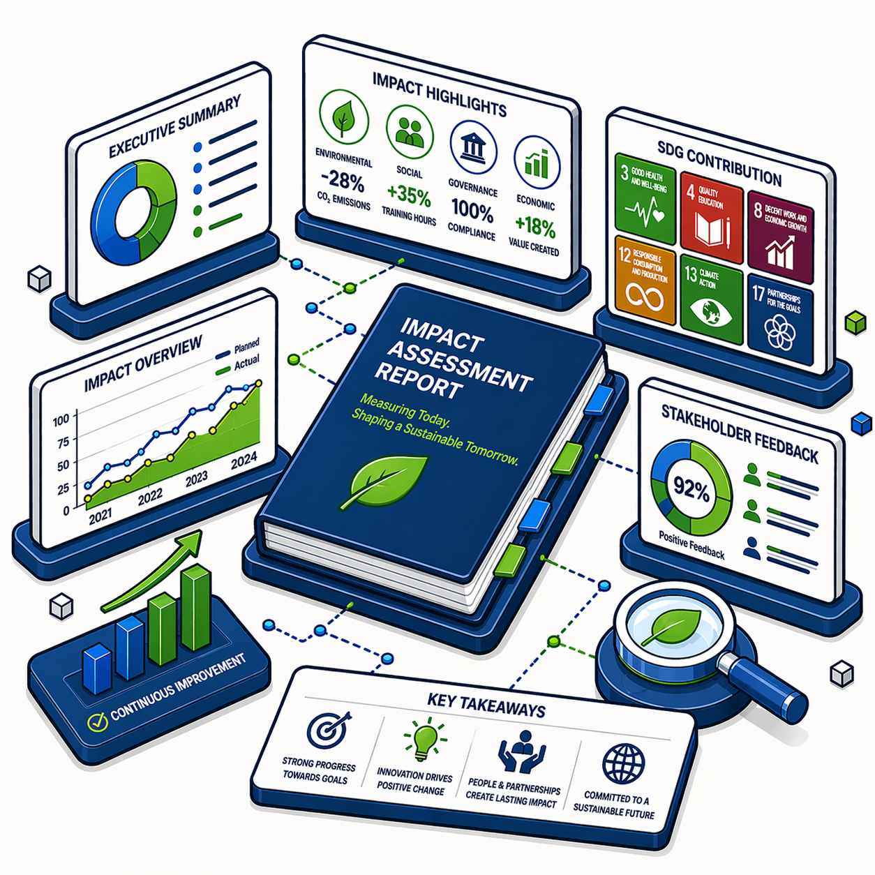 Impact assessment report surrounded by charts summarizing environmental, social, governance, and economic data.