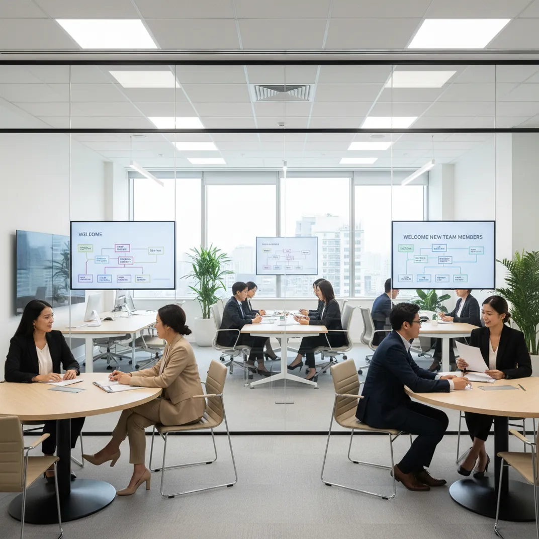 Four pairs of professionals having discussions at round tables in a modern office with city views.