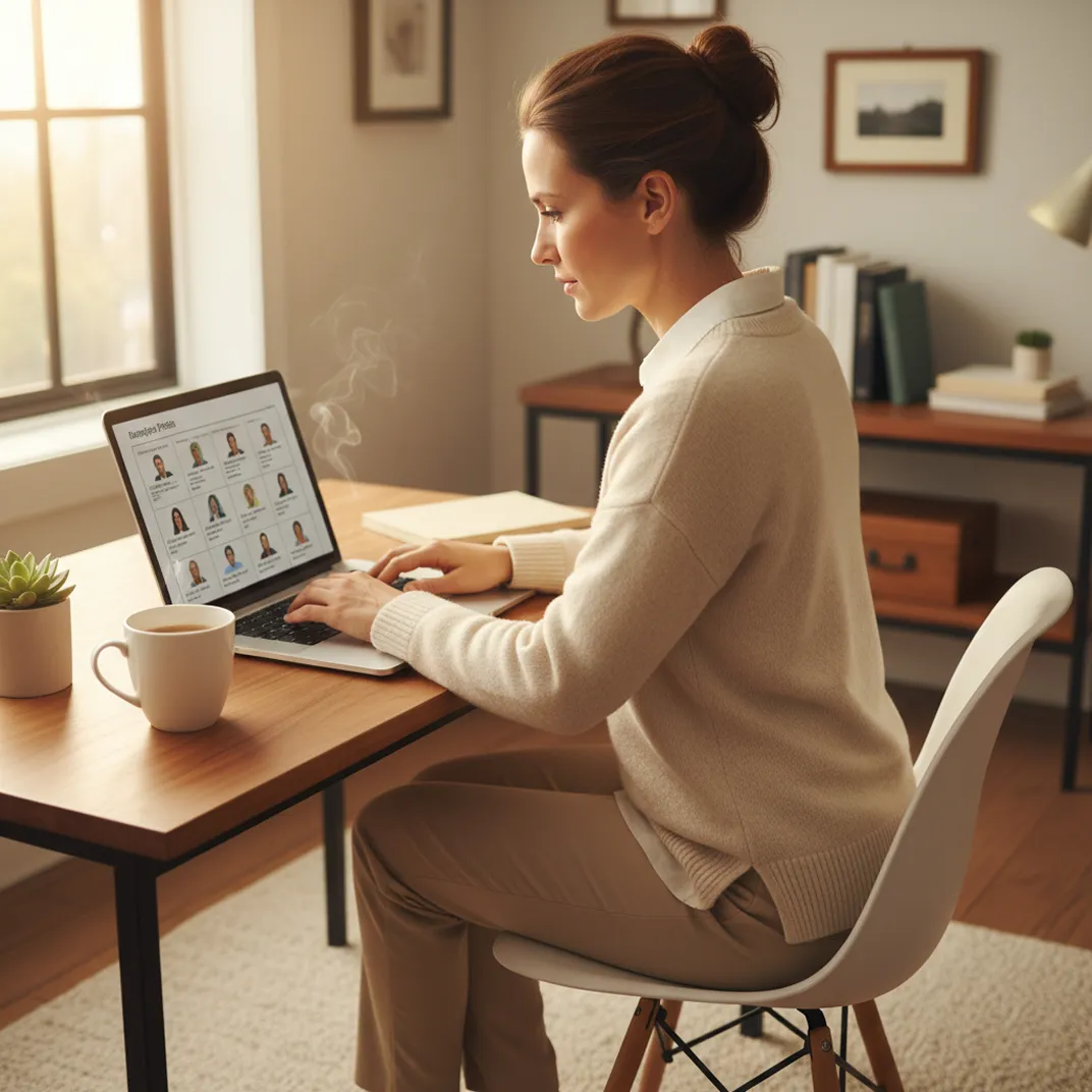 Woman seated at desk typing on laptop with profile pictures and coffee cup nearby in cozy room.