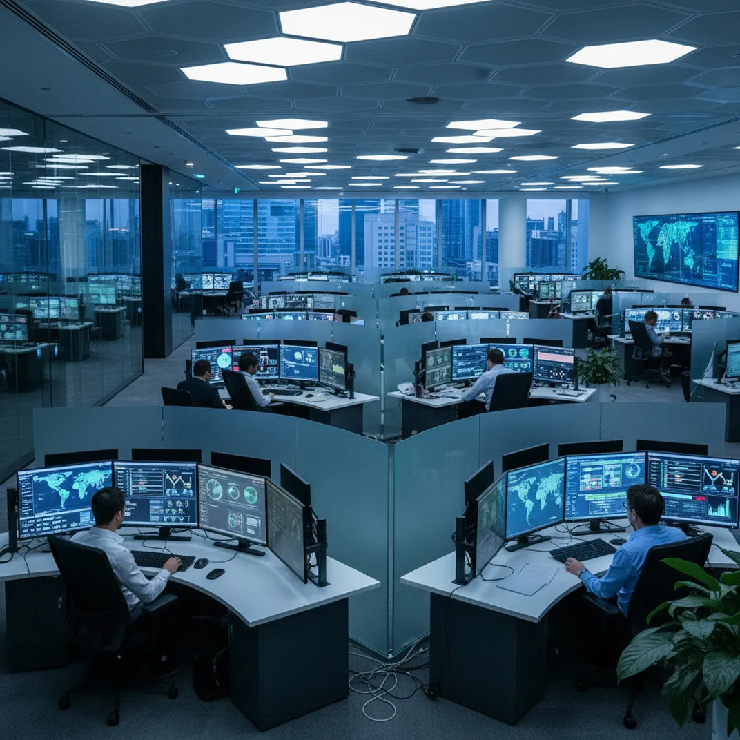 Office with multiple workstations showing global data dashboards on monitors during the day.