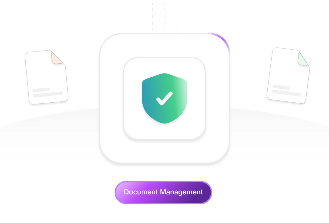 Shield with checkmark icon surrounded by two documents representing secure document management.